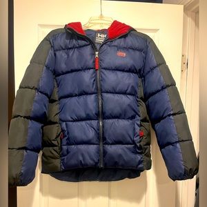 Boys size 14/16 black, blue with a red hoodie buffer jacket.